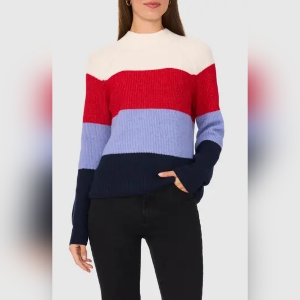 Women's Halogen Funnel Neck Colorblock Sweater Blue Blossom Combo XXL